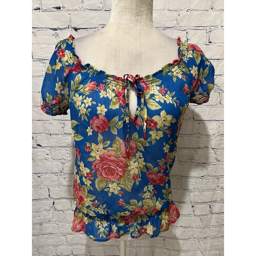 HOLLISTER LIGHT BLUE WITH FLOWERS SHEER SHORT SLEEVE TOP WOMENS M